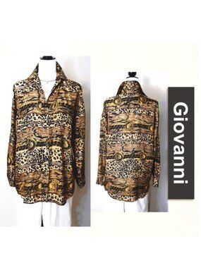 GIOVANNI 100% Silk Blouse Brown Black Leopard Print Oversized Collar L-Sleeve